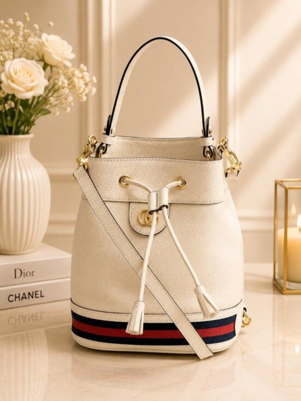 Authentic Gucci Ophidia Small Bucket Bag Leather GG Logo Web Stripe Crossbody